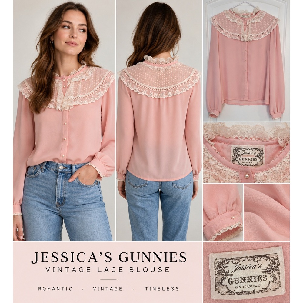 Vintage Jessica's Gunnies Pink Lace Blouse Pearl Buttons Victorian Style